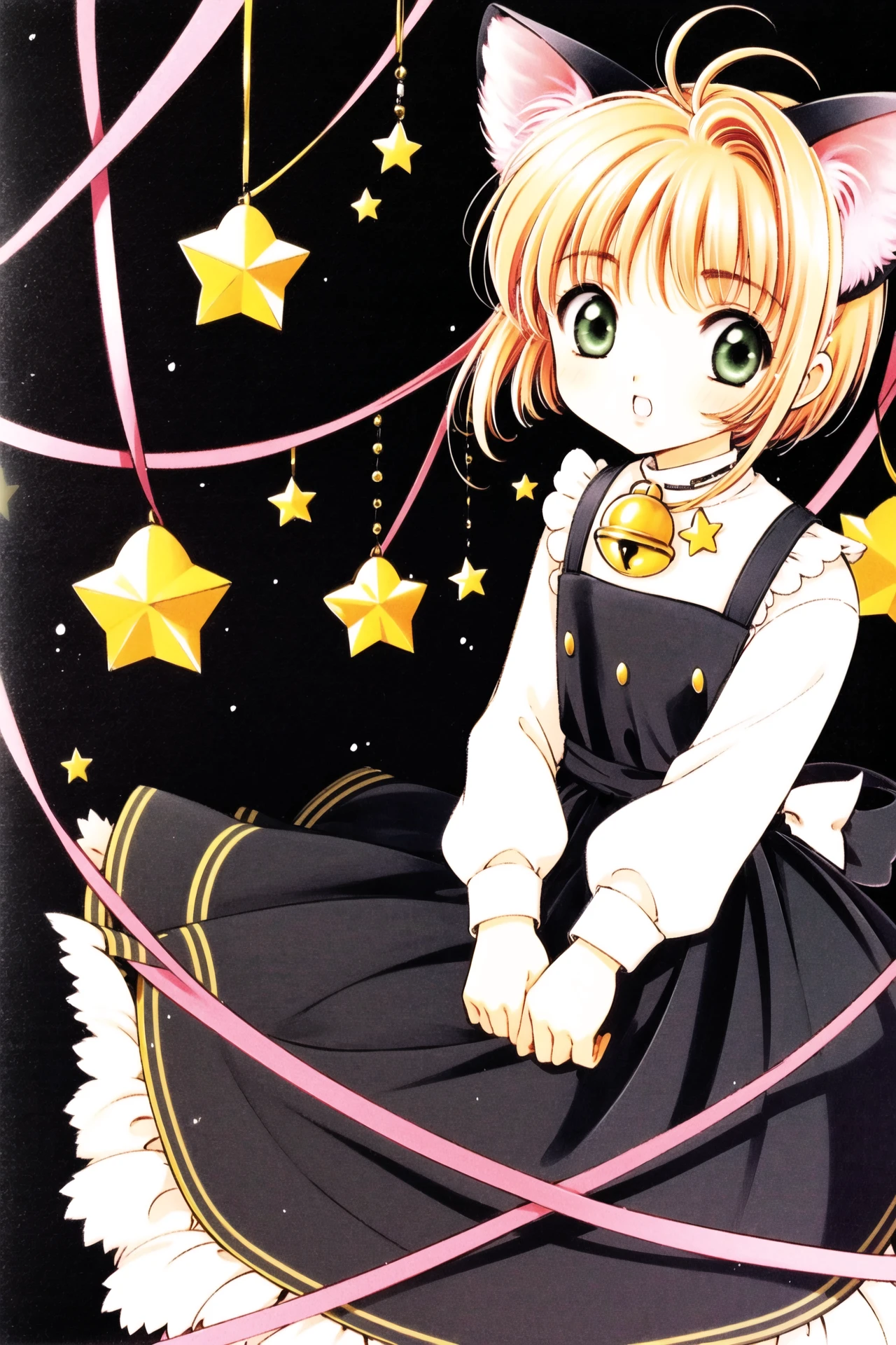 1girl, kinomoto sakura, animal ears, 1990s (style), green eyes, solo, bell, cat ears,  retro artstyle, star (symbol), short hair, dress, apron, open mouth, fake animal ears, looking at viewer, jingle bell, bangs, antenna hair, black dress, long sleeves, white apron, magical girl, neck bell, black background, blonde hair, brown hair, frilled apron, <lora:Card Captor Sakura_v2:0.8>