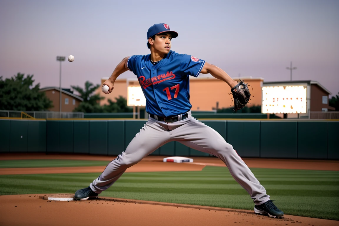 RAW photo, male focus, action, medium-wide shot, Pno, pitching, playing baseball, uniform, sports photography, depth of field, outdoors <lora:XenoDetailer_v2:0.6>  <lora:Pno_v1-gf:0.9>