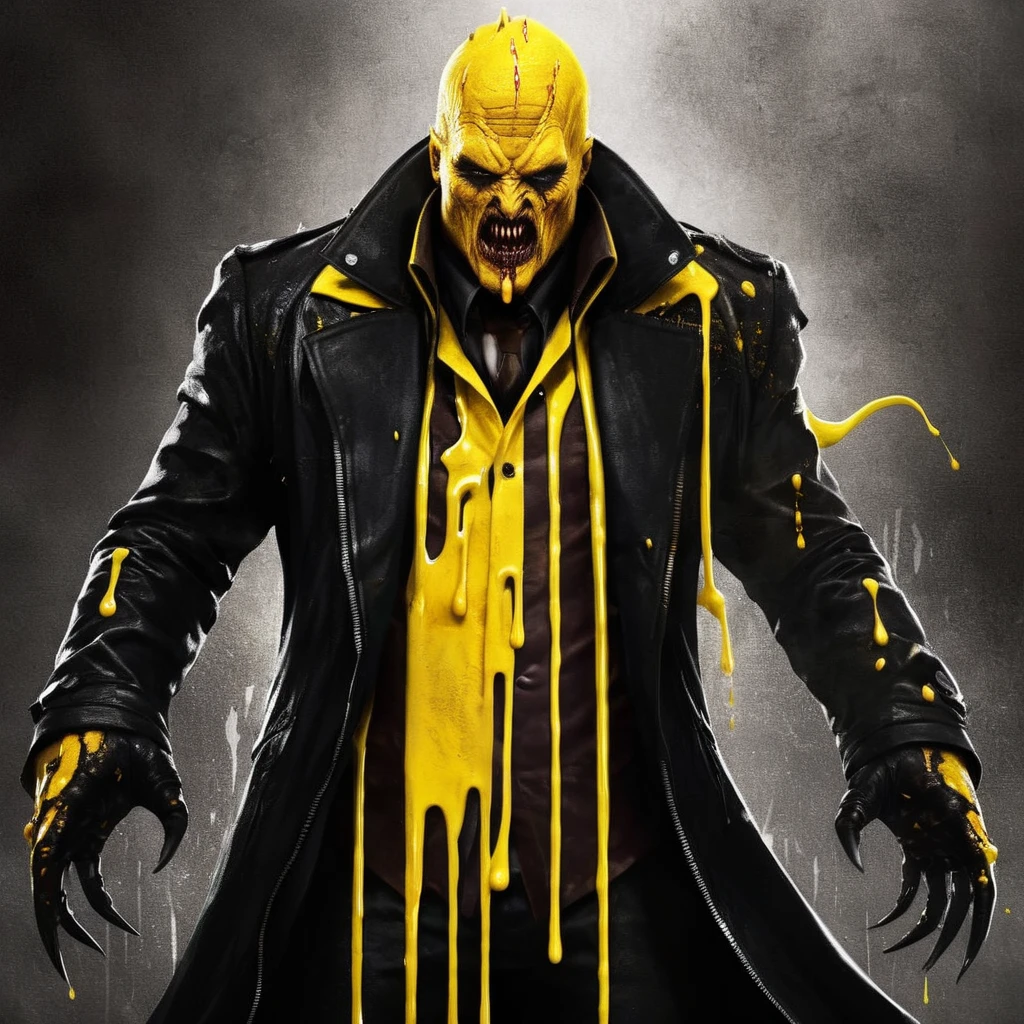 Dark Fantasy Art of <lora:Sin City:1>
a yellow monster named the Yellow Bastard with a yellow blood dripping from his neck and a black jacket sin city style, dark, moody, dark fantasy style