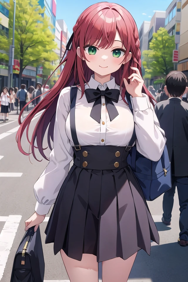 insanely detailed, absurdres, ultra-highres, ultra-detailed, best quality,
1girl, solo, nice hands, perfect hands,
BREAK
braid, shirt, holding, mary janes, socks, black skirt, long hair, white shirt, suspender skirt, white socks, long sleeves, ribbon, suspenders, standing, ruffles, black ribbon, bow , black bow tie, long skirt, black bow, neck ribbon, bowtie, bag 
BREAK
happy smile, laugh, closed mouth, standing,
(45 angle:-1.5), (from side:-1.5),
cute pose, cowboy shot,
BREAK
slender, kawaii, perfect symmetrical face, ultra cute girl, ultra cute face, ultra detailed eyes, ultra detailed hair, ultra cute, ultra beautiful,
BREAK
in harajuku, shibuya, tokyo, street, crowd, cityscape,
BREAK
large breasts,
(red hair, green eyes), hime cut