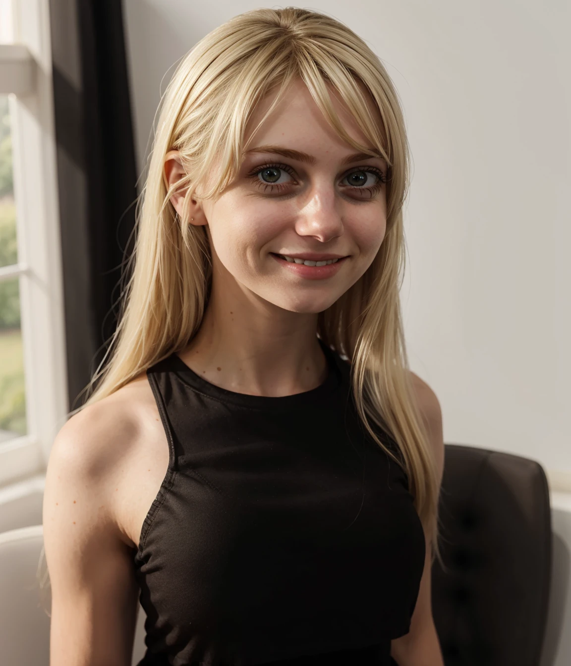 <lora:marymorgan_v6:0.9>, marym0rgan, standing, smile, 1girl, blond hair, solo, black shirt, brown eyes, realistic,
