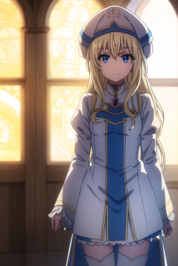 priestess, <lora:priestesss2-lora-nochekaiser:1>, 
priestess, blonde hair, blue eyes, long hair, hair between eyes, (small breast:1.2), smile,
BREAK boots, dress, frilled sleeves, frills, hat, white headwear, pelvic curtain, high heels, robe, thigh boots, thighhighs, white thighhighs, long sleeves, puffy sleeves,
BREAK indoors, church,
BREAK looking at viewer, (cowboy shot:1.5),
BREAK <lyco:GoodHands-beta2:1>, (masterpiece:1.2), best quality, high resolution, unity 8k wallpaper, (illustration:0.8), (beautiful detailed eyes:1.6), extremely detailed face, perfect lighting, extremely detailed CG, (perfect hands, perfect anatomy),