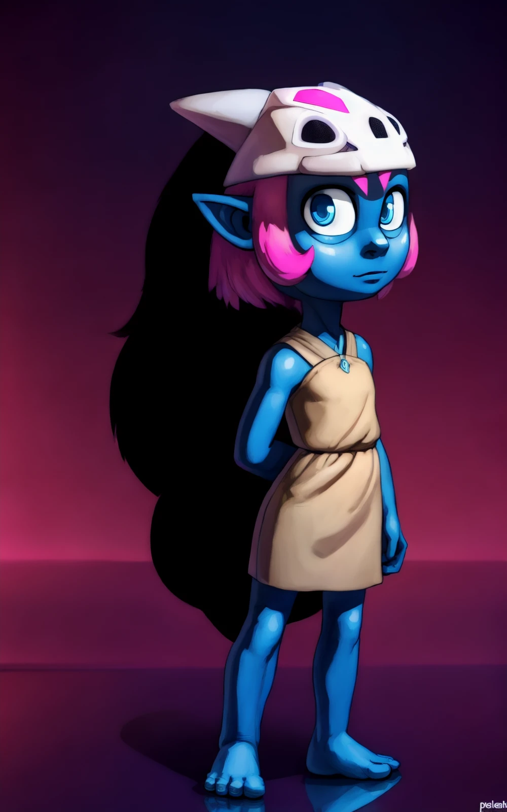 8k.4k,((Best quality, masterpiece, ultra high resolution)),((full body)),standing,by pixelsketcher, <lora:Coqueline:1.3>,Coqueline,blue eyes, forehead jewel,barefoot, mask on head,mask,( blue skin),short beige dress,pink hair,sleeveless, bare shoulders, forehead mark,pointy ears,feathers, halterneck,human,skull,black hair, two tone hair,long hair,