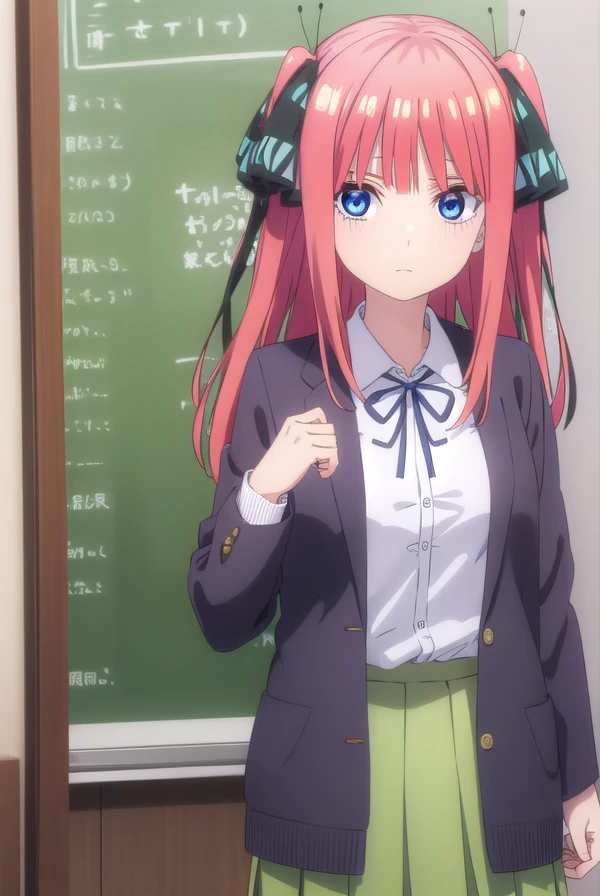 ninonakano, <lora:ninonakanospecial-lora-nochekaiser:1>,
nino nakano, long hair, bangs, blue eyes, hair ornament, hair ribbon, pink hair, blunt bangs, two side up, butterfly hair ornament,
BREAK skirt, shirt, long sleeves, white shirt, pleated skirt, open clothes, collared shirt, sleeves past wrists, dress shirt, cardigan, green skirt, open cardigan, black cardigan,
BREAK indoors, classroom,
BREAK looking at viewer, (cowboy shot:1.5),
BREAK <lyco:GoodHands-beta2:1>, (masterpiece:1.2), best quality, high resolution, unity 8k wallpaper, (illustration:0.8), (beautiful detailed eyes:1.6), extremely detailed face, perfect lighting, extremely detailed CG, (perfect hands, perfect anatomy),