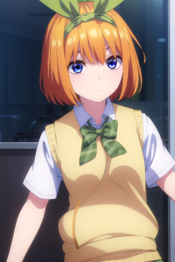 yotsubanakano, <lora:yotsubanakanospecial-lora-nochekaiser:1>,
yotsuba nakano, bangs, short hair, blue eyes, hair between eyes, hair ribbon, hairband, orange hair, (green ribbon:1.5),
BREAK skirt, shirt, bow, ribbon, school uniform, white shirt, short sleeves, pleated skirt, shoes, socks, collared shirt, miniskirt, bowtie, black footwear, kneehighs, green skirt, black socks, loafers, green bow, sweater vest, green ribbon, (yellow sweater vest:1.5),
BREAK indoors, classroom,
BREAK looking at viewer, (cowboy shot:1.5),
BREAK <lyco:GoodHands-beta2:1>, (masterpiece:1.2), best quality, high resolution, unity 8k wallpaper, (illustration:0.8), (beautiful detailed eyes:1.6), extremely detailed face, perfect lighting, extremely detailed CG, (perfect hands, perfect anatomy),