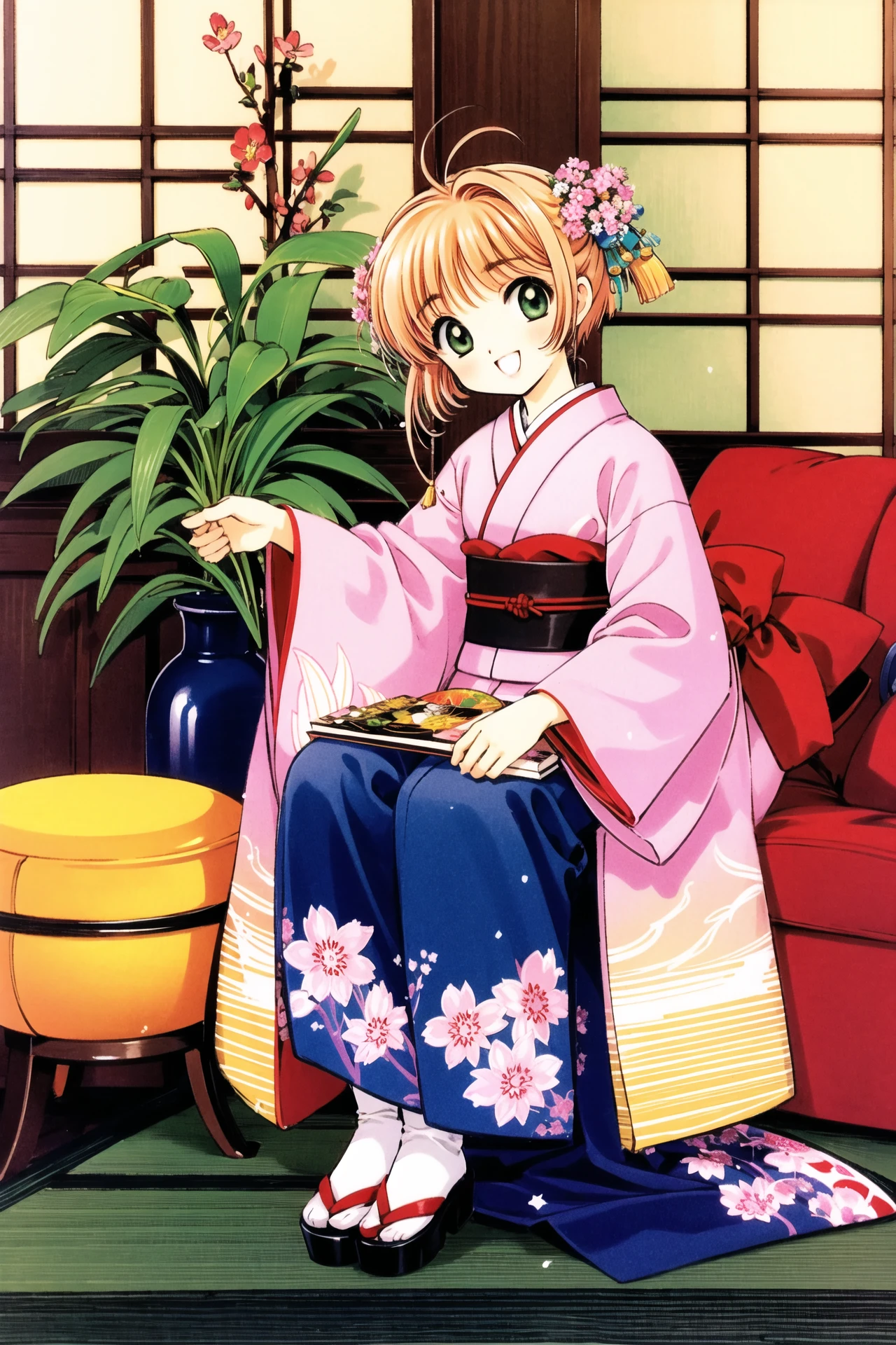 kinomoto sakura, 1girl, japanese clothes, seiza, kimono, brown hair, floral print, flower, vase, long sleeves, obi, green eyes, sitting, sash, 1990s (style), indoors, bangs, antenna hair, short hair, smile, looking at viewer, kero, retro artstyle, hair intakes, hand fan, open mouth, potted plant, print kimono, plant, hair ornament, wide sleeves, full body, solo, head tilt, :d, orange kimono, two side up, zabuton, female , ribbon, picture frame, <lora:Card Captor Sakura_v2:0.8>