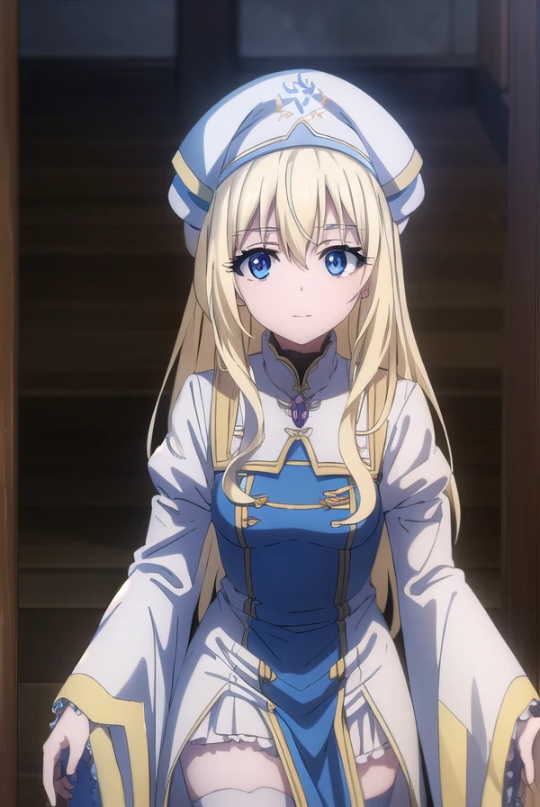 priestess, <lora:priestesss2-lora-nochekaiser:1>, 
priestess, blonde hair, blue eyes, long hair, hair between eyes, (small breast:1.2), smile,
BREAK boots, dress, frilled sleeves, frills, hat, white headwear, pelvic curtain, high heels, robe, thigh boots, thighhighs, white thighhighs, long sleeves, puffy sleeves,
BREAK indoors, church,
BREAK looking at viewer, (cowboy shot:1.5),
BREAK <lyco:GoodHands-beta2:1>, (masterpiece:1.2), best quality, high resolution, unity 8k wallpaper, (illustration:0.8), (beautiful detailed eyes:1.6), extremely detailed face, perfect lighting, extremely detailed CG, (perfect hands, perfect anatomy),