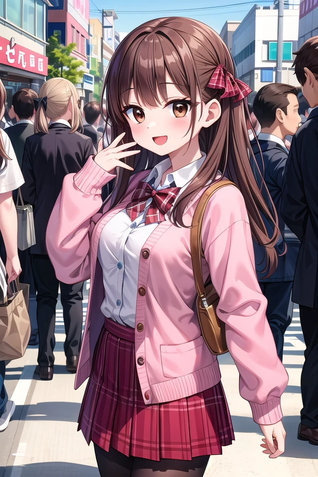 insanely detailed, absurdres, ultra-highres, ultra-detailed, best quality,
1girl, solo, nice hands, perfect hands,
BREAK
(School Uniforms:1.2), (pink cardigan is fit body:1.4), ((do up a buttons, not loose):1.5), ((long sleeve, sleeves past wrists):1.2), (inner wear is white collared-shirt:1.3), (red plaid-pattern bow:1.3), (red plaid-pattern pleated skirt:1.3), ((dark-brown pantyhose, loafers):1.2) 
BREAK
happy smile, laugh, open mouth, standing,
from side,
cute pose, cowboy shot,
BREAK
slender, kawaii, perfect symmetrical face, ultra cute girl, ultra cute face, ultra detailed eyes, ultra detailed hair, ultra cute, ultra beautiful,
BREAK
in harajuku, shibuya, tokyo, street, crowd, cityscape,
BREAK
medium large breasts,
(brown hair, brown eyes), hime cut