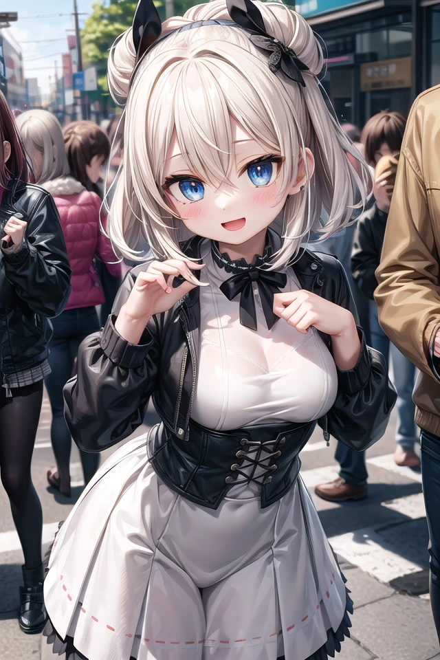 insanely detailed, absurdres, ultra-highres, ultra-detailed, best quality,
1girl, solo, nice hands, perfect hands,
BREAK
(wearing harajuku-style coordinate),
happy smile, laugh, open mouth,
dynamic pose,
45 angle, cowboy shot,
BREAK
slender, kawaii, perfect symmetrical face, ultra cute girl, ultra cute face, ultra detailed eyes, ultra detailed hair, ultra cute, ultra beautiful,
BREAK
in harajuku, shibuya, tokyo, street, crowd, cityscape,
medium large breasts,
BREAK, (white) blonde hair, medium hair, messy hair, blue eyes, hair between eyes