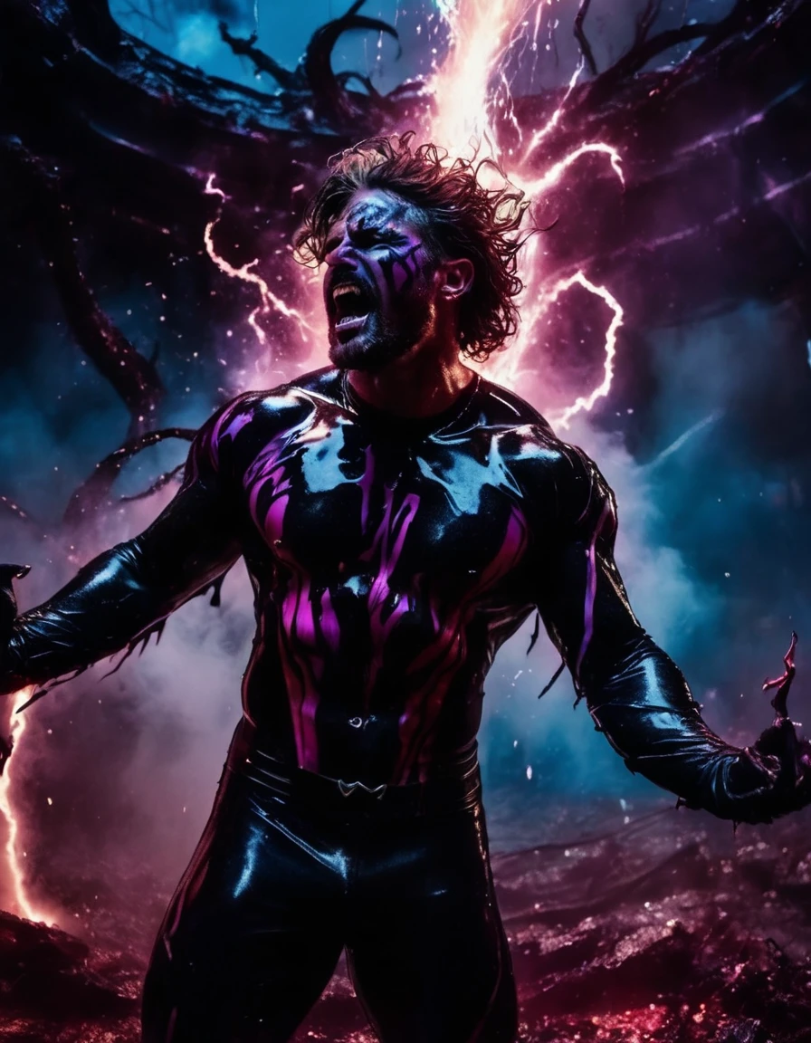 A muscular man with short, messy hair, wearing a venom costume, stands in the middle of a dark, nebula-filled landscape. His body is covered in black bloody veins that grow and intertwine out of the darkness, oozing thick neon rainbow blood. The man's eyes are closed, and he appears to be in a deep, dreamlike state. The scene is lit by a cinematic, film light, bathing in light, with a very sharp focus and high contrast. The background is atmospheric, surreal, and maroon cream bronze, with a high resolution, vibrant, and 8k quality. The man's body is hyper detailed and hyper realistic, with a spiritual and surrealistic feel. The scene is reminiscent of a fighting video game, with dynamic, vibrant, action-packed character design, and a disturbing and surrealistic atmosphere. The man's body is surrounded by sparks, lens flare, rim lighting, backlighting, RTX, and post-processing effects, with a satanic cross in the background. The man's body is floating into the abyssal