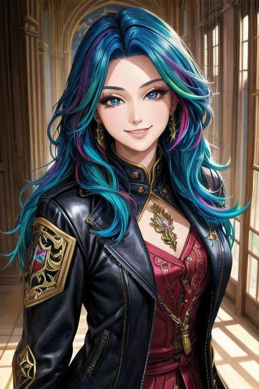 masterpiece, best quality, 1girl, upper body, long blue hair, ornate robe, smile, multicolored hair, rainbow hair, sexy smile, indoors, retro furnishings, semi realistic, smirk , solo , rim lighting , looking at viewer, covered chest, leather jacket