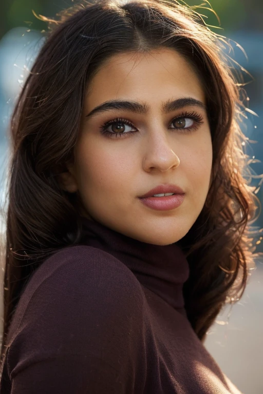 <lora:Sara_Ali_Khan-10:0.85>, Photography of a woman, beautiful gorgeous face, ((close body)), (wearing turtleneck t-shirt), cute, ((dark brown iris)), perfect body, cinematic lighting, bokeh, 8k, uhd, soft shadows, masterpiece, (very detailed face lips eyes), round medium boobs, long brunette hair, ((extremely proportional)), ((hyper detailed)), ((photorealistic)), ((absolutely gorgeous face)), smile