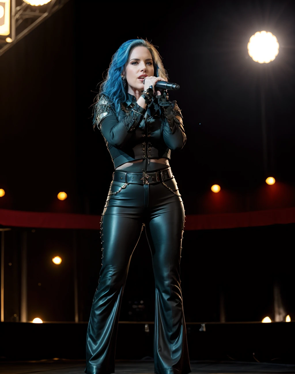 breathtaking cinematic film still (realistic, photorealistic), a 30 years old woman (wearing Blouse and pants), singing heavy metal at stage, wearing bdsm suit,
<lora:quiron_AlissaWhiteGluz_v4_lora:0.87> alissawhitegluz_woman, . shallow depth of field, vignette, highly detailed, high budget Hollywood movie, bokeh, cinemascope, moody, epic, gorgeous, film grain, grainy . award-winning, professional, highly detailed