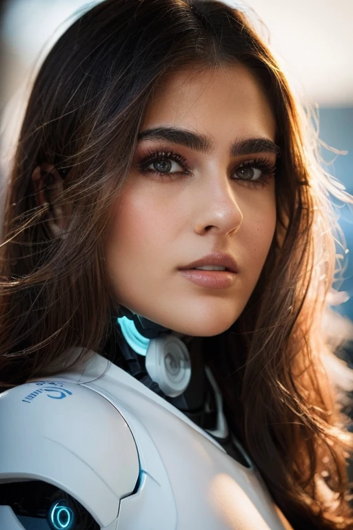 (photo of a gorgeous woman), (professional photography), (as an ai robot), (blonde hair), (close body portrait), masterpiece, best quality, (eye contact), (looking at the viewer), centred, (shot from front), ((soft even lighting)), blurred_background, proportional, <lora:Sara_Ali_Khan-10:0.85>