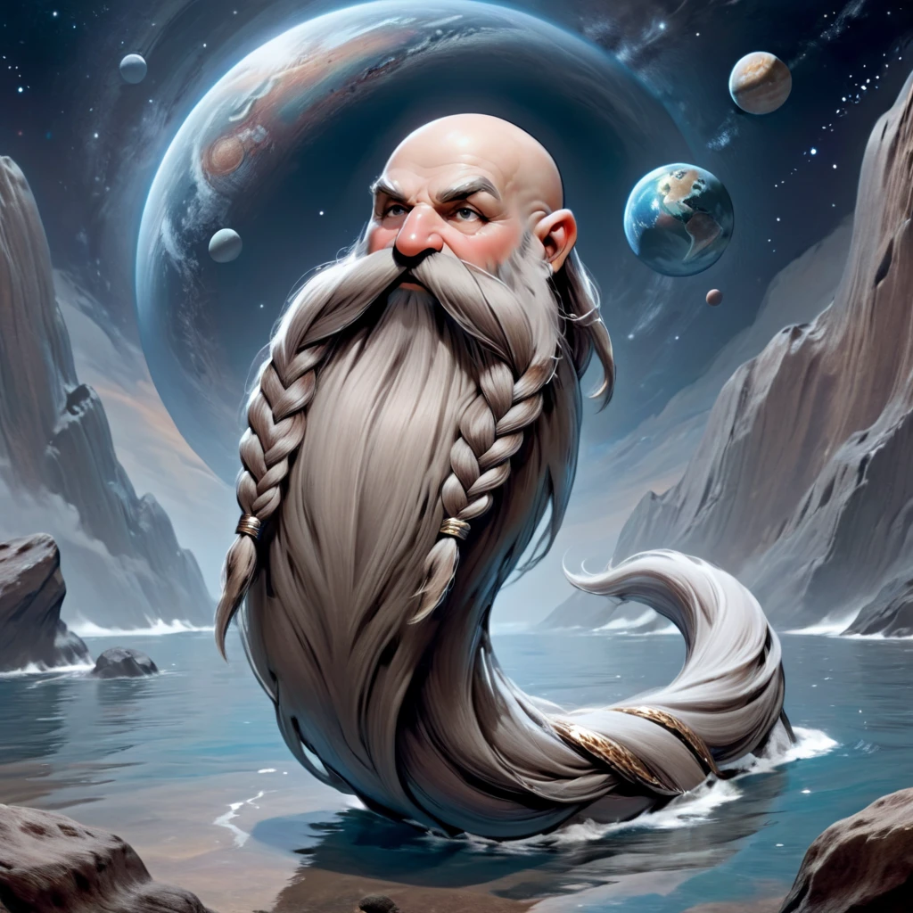 Harry_Dwarf, full body, long Silver beard, braided moustache, bald, bangles, <lora:Harry_Dwarf_1.5:1>, Swimming rocky planet background, galaxy in sky <lora:add-detail-xl:0.8>