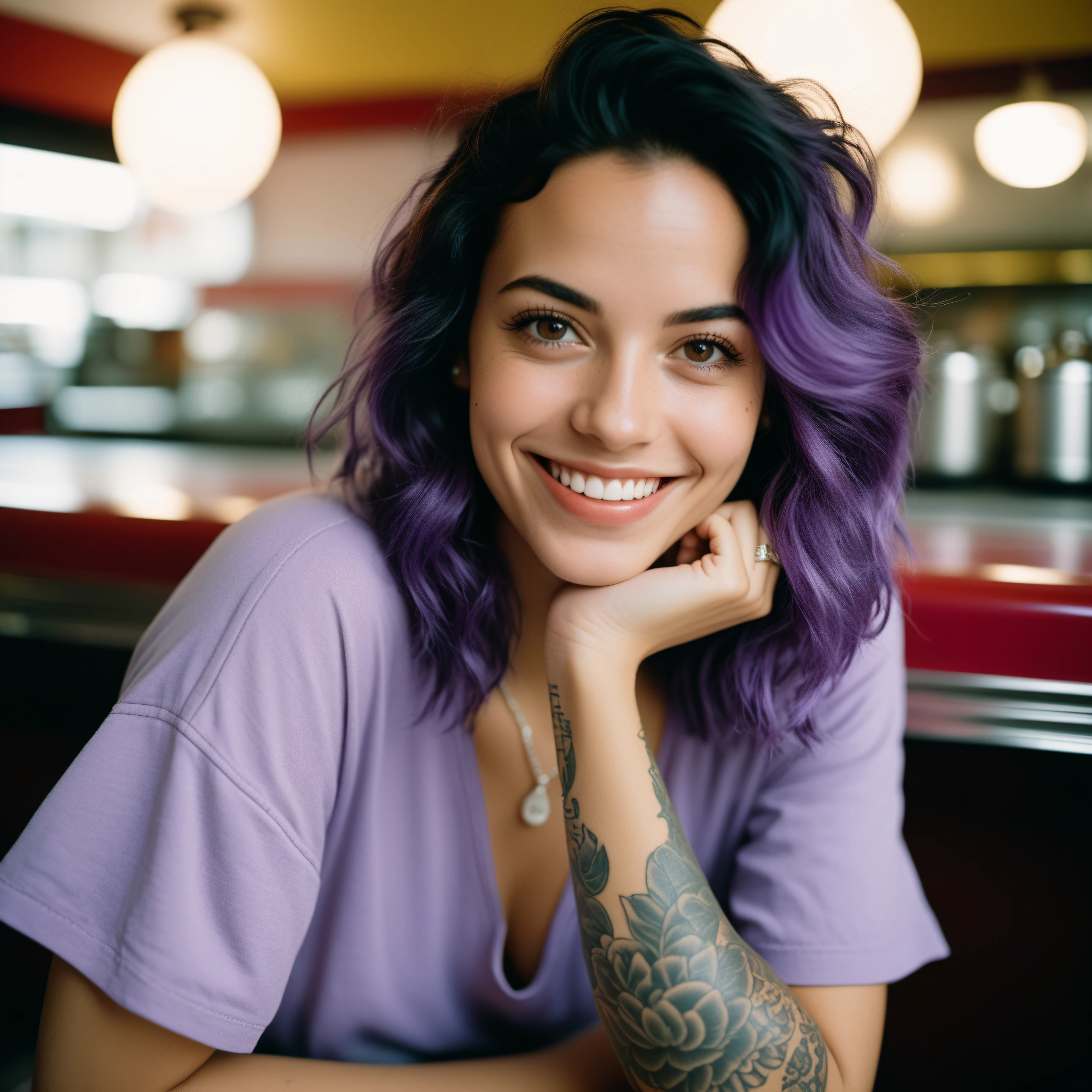 amateur photo of a woman, analog, raw, f2, 35mm, an (amateur photo) of a 28 year old alternative Brazilian naked girl, flash photography, taken on an old camera, polaroid,with purple hair, smile, happy, cute t-shirt, tattoos on her arms, sitting in a 50s diner. 8k, highly detailed, detailed skin texture, natural skin texture, perfect eyes, perfect iris, high detail eyes, detailed iris, detailed cloth texture, perfect eyes, detailed eyes, (high quality, best quality:1.3), Extremely high-resolution, film grain, dslr, Kodak Portra 400 camera f1.6 lens, 35mm, Fujifilm Superia Premium 400, Nikon D850, <lora:add_detail:0.33>