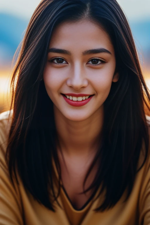 beautiful portrait of a cute thin young woman, hyperrealistic full figure, athletic body, six pack, abs, concentrated look, cute smile, highly detailed, detailed face and eyes, long black hair, flushed face, blue eyes, golden hour, volumetric lighting, 8 k, portrait, 3 0 mm f 1. 8,<lora:DETAIL_SLIDER_BY_STABLE_YOGI:0.8> <lora:NOISEOFFSET_BY_STABLE_YOGI:0.8> dark