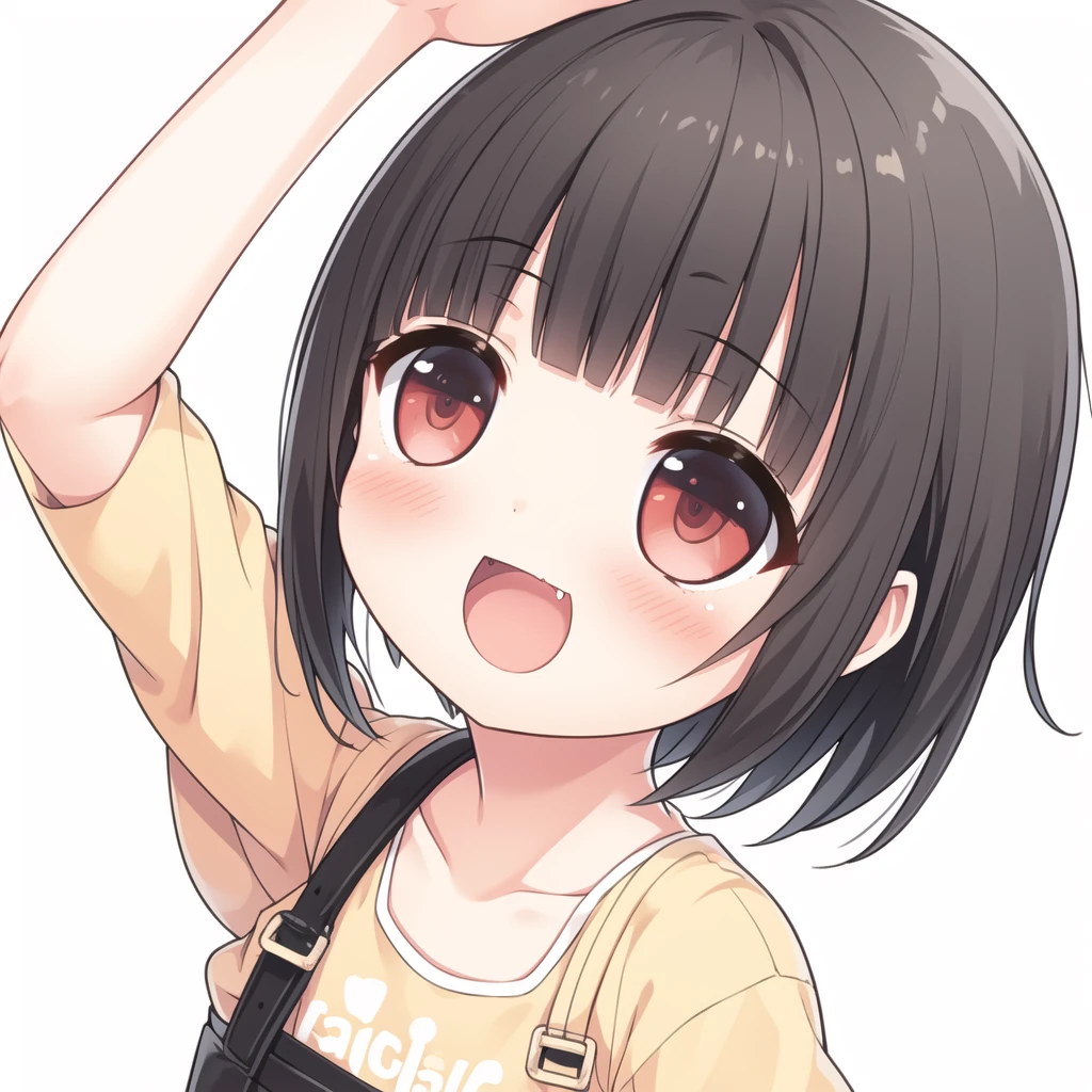 best_quality,masterpiece,1_girl,  <lora:cura:0.6>,  smile, fang, black hair, short hair,bangs, open mouth, side ponytail,arm up,  blunt bangs, flipped hair