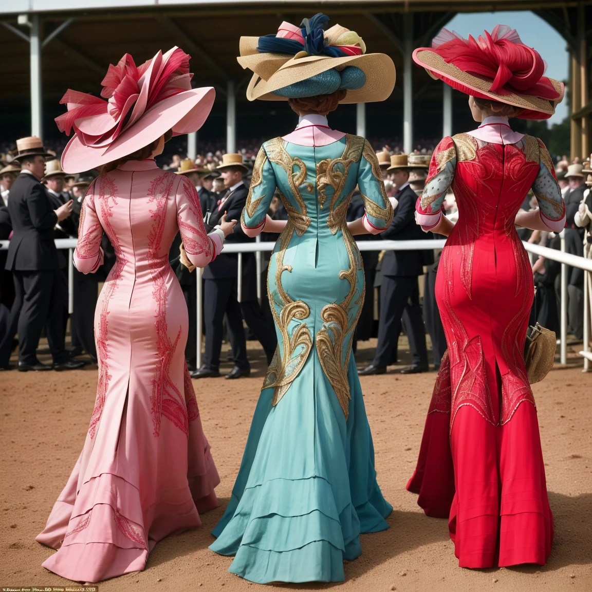 from behind, masterpiece, uhd, sharp color photo of a beautiful women wearing expensive dresses and hats, at the horse races <lora:1905_dress_v1:1> 1905_dr3ss