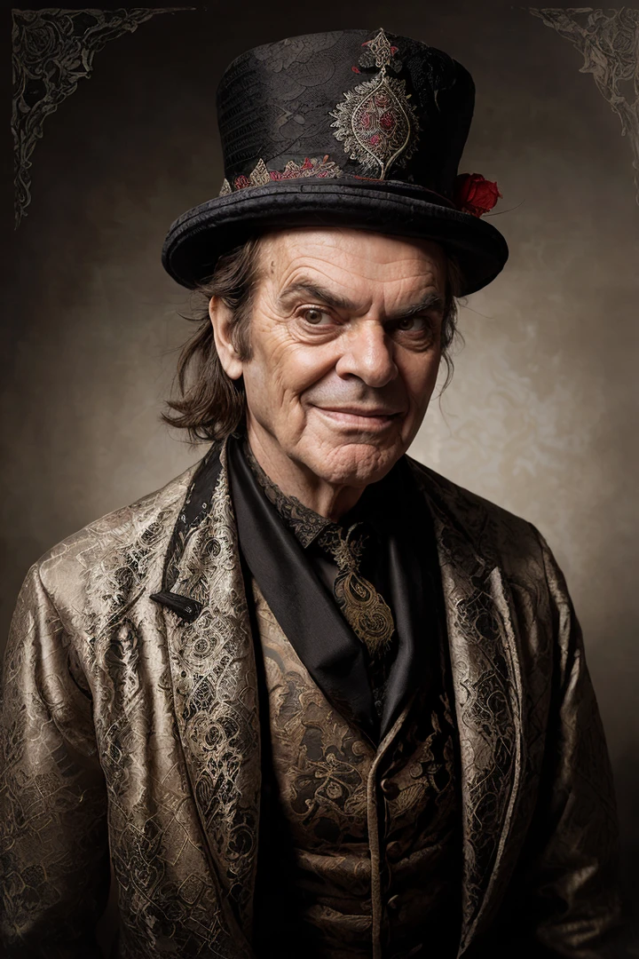 (dynamic pose:1.2),(dynamic camera),(art retouch, photo surrealism),
close-up an handsome Jack Nicholson ,(in medieval clothing, patterns and ornaments, lace details, fabric texture, hat)
,(grotesque,caricature:1.2),(realistic, fine art parody), (16mm lens low wide-angle,(fish-eye:0.8)),(move noment)