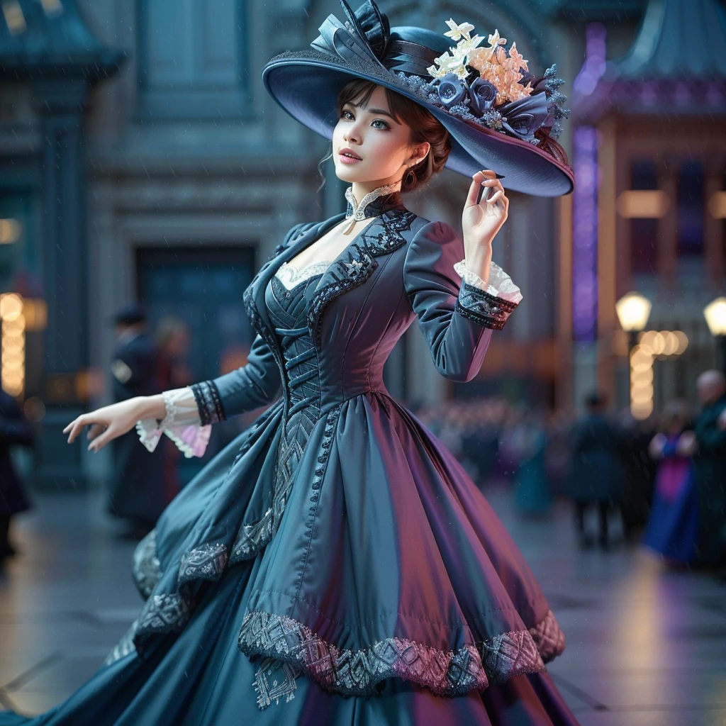 extreme detail, action shot, night, dynamic pose, dynamic angle, depth of field, wide angle shot, sharp, realistic, analog, elegant woman wearing a layered blue and black velvet and lace dress and velvet jacket with a tiny hat on, dancing in the rain at the world's fair, (crowd in background), electric lights rainy streets, reflections),
<lora:1910_dress_v1:1> 1910_dr3ss