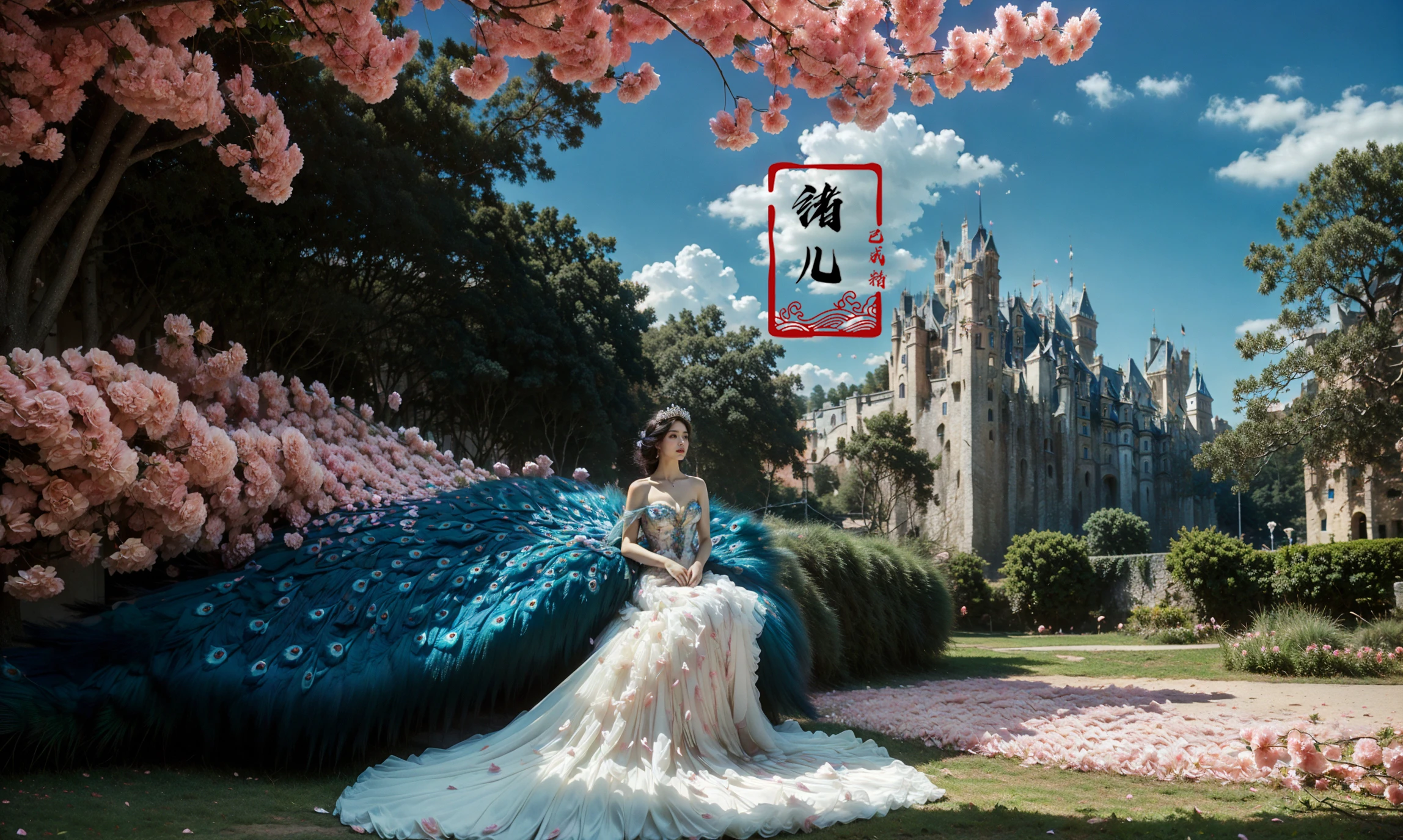(masterpiece, top quality, best quality, official art, beautiful and aesthetic:1.2),(fractal art:1.2) (Scattered petal:1.6)Outdoors, (castles background:1.8)super vista, super wide AngleLow Angle shooting, super wide lens,
1girlsoloflowerjewelrypurple blue dressbare shoulders
petalstiaranecklacePeacock (full body:1.5), Crossed legs, sitting, Milky skin, (shiny skin:1.5)
<lora:~Q?-[TQlN; Peacock:0.8>