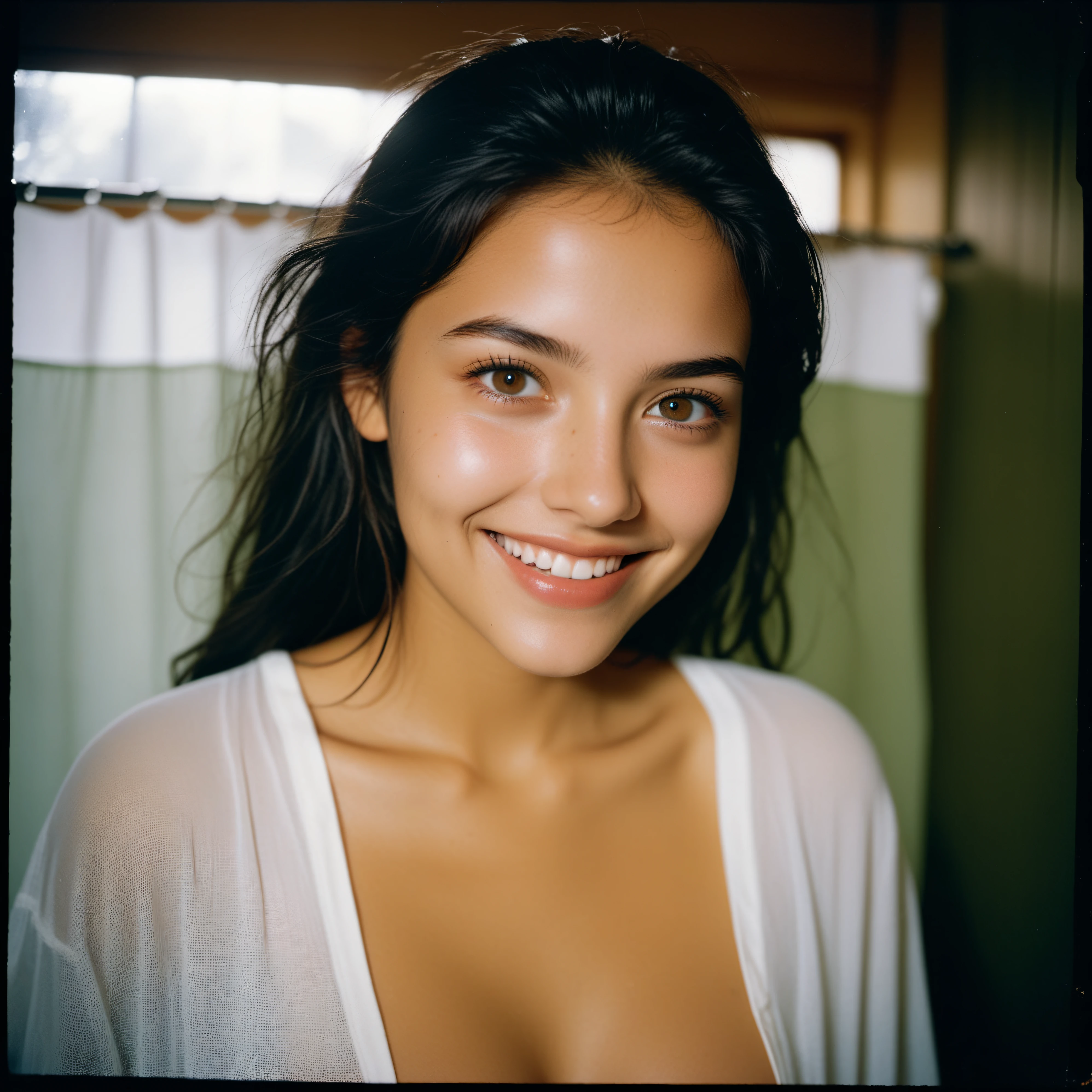 amateur photo of a woman, analog, raw, f2, 35mm, an (amateur photo) of a 18 year old alternative Mexican naked college girl, surprised, in a shower, wet, wet hair, Faux suede mini skirt and white shirt, flash photography, taken on an old camera, low res, grainy, wrong colors, polaroid, beautiful face, smiling, detailed eyes, tits showing, award winning scene, wetshirt. 8k, highly detailed, detailed skin texture, natural skin texture, perfect eyes, perfect iris, high detail eyes, detailed iris, detailed cloth texture, perfect eyes, detailed eyes, (high quality, best quality:1.3), Extremely high-resolution, film grain, dslr, Kodak Portra 400 camera f1.6 lens, 35mm, Fujifilm Superia Premium 400, Nikon D850, <lora:add_detail:0.33>