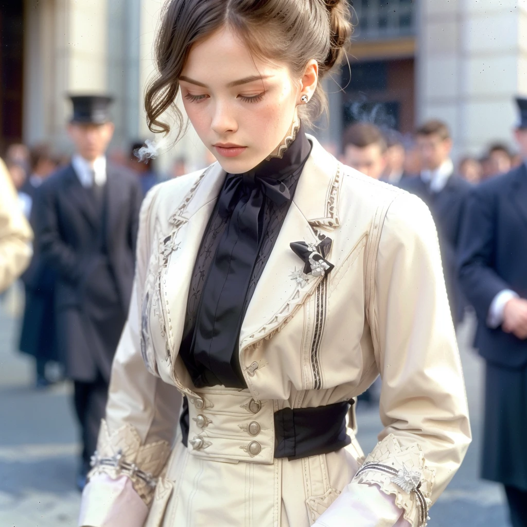 medium shot, dynamic angle, action photo, dynamic pose, depth of field, bokeh, film grain, perspective, foreshortening, colorized, tinted, vintage candid photo of a distraught woman wearing a practical plain white jacket and black skirt crawling on the sidewalk in a crowd outside the bombing of the Los Angeles Times building in 1910, smoking rubble in the background, comforted by friends, bright sun, detailed face, hair in a messy bun, breasts
<lora:1910_dress_v1:1> 1910_dr3ss