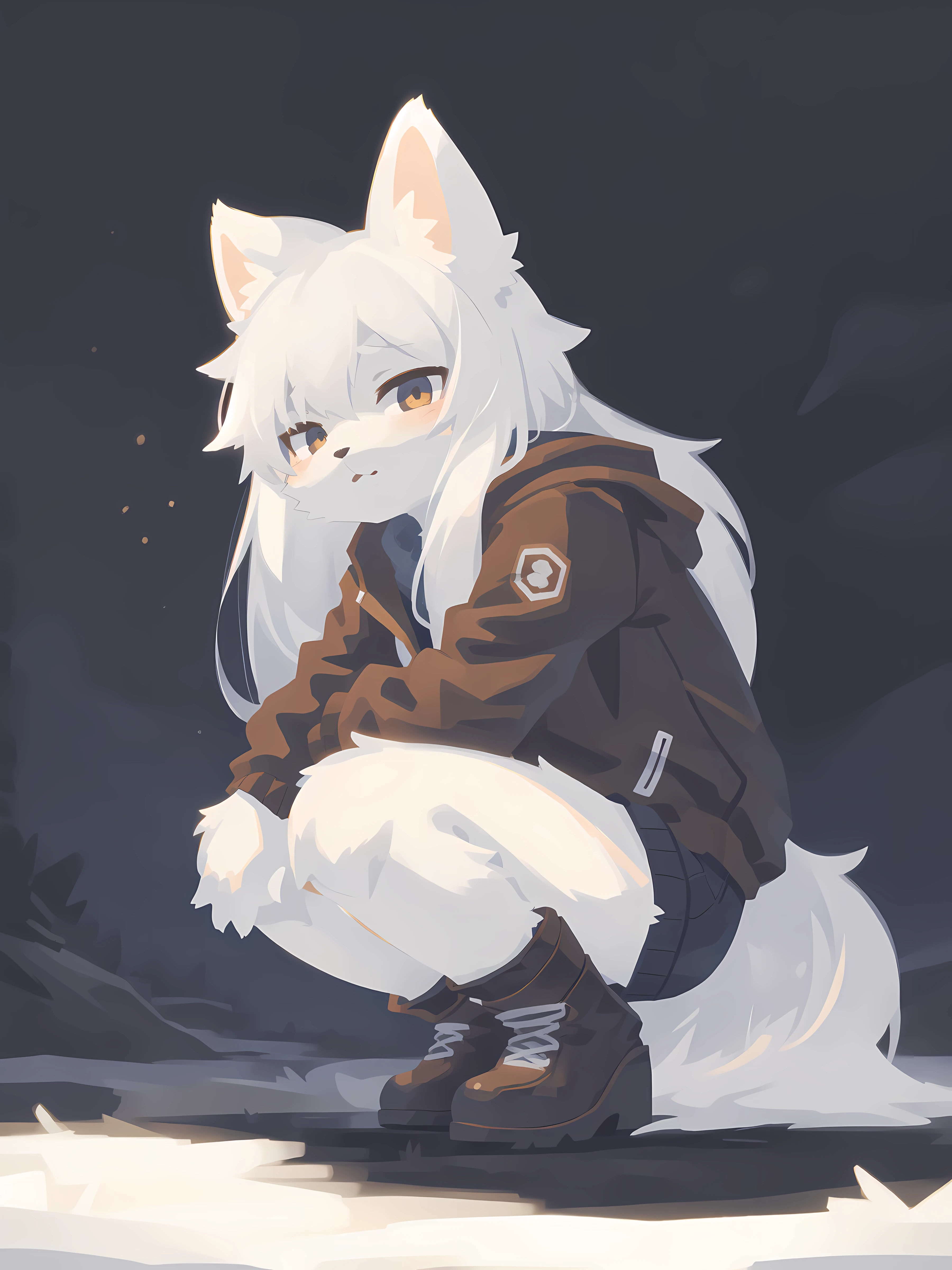 1girl, solo, jacket, short shorts, long hair, night, dark environment, boots, white fur, white hair, sidelocks, night sky, (dark background:1.3), squatting,, (best quality, masterpiece, illustration, ultra-detailed:1.3), (uploaded on e621, furry, anthro, kemono:1.3)