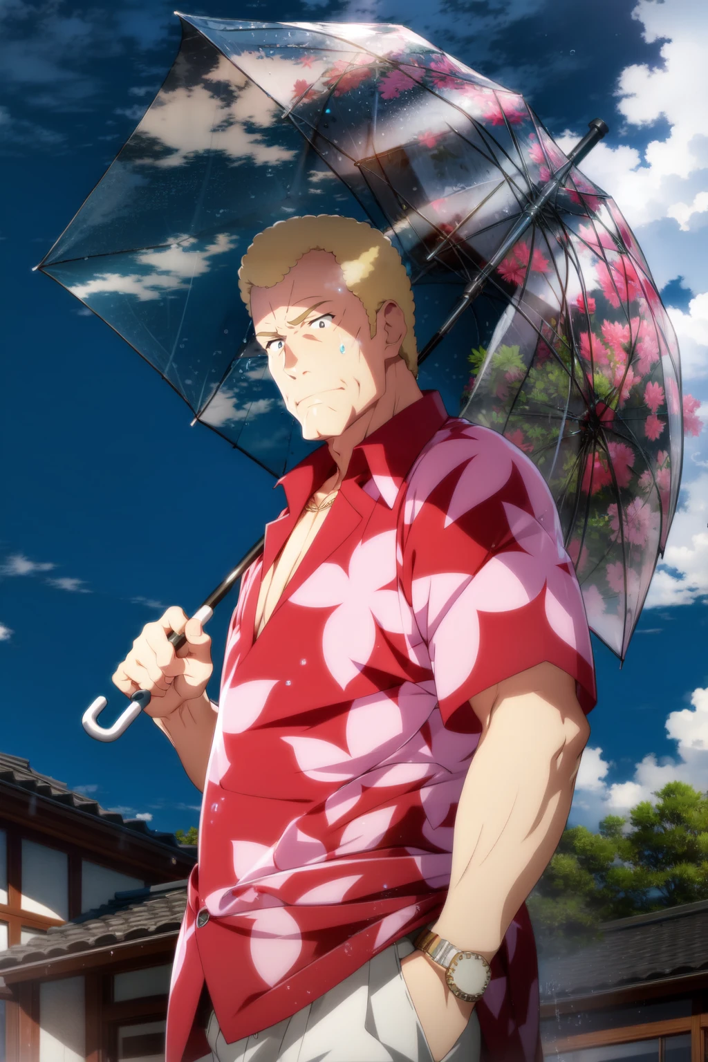 <lora:teppei_lora_lion_dim64_flat2d_repeats-2:0.8> solo, best quality, extremely detailed, middle aged man, (holding umbrella, transparent umbrella:1.2), (frown:1), (cloud, sky, storm, thunder, ocean, rain:1), (shirakawa village, hinamizawa:1), muscular, blonde hair, black eyes, (wristwatch:0.6), red pink hawaiian shirt, white pants, short sleeves, necklace, cleft chin, masterpiece  <lora:backlight_slider_v10:2>