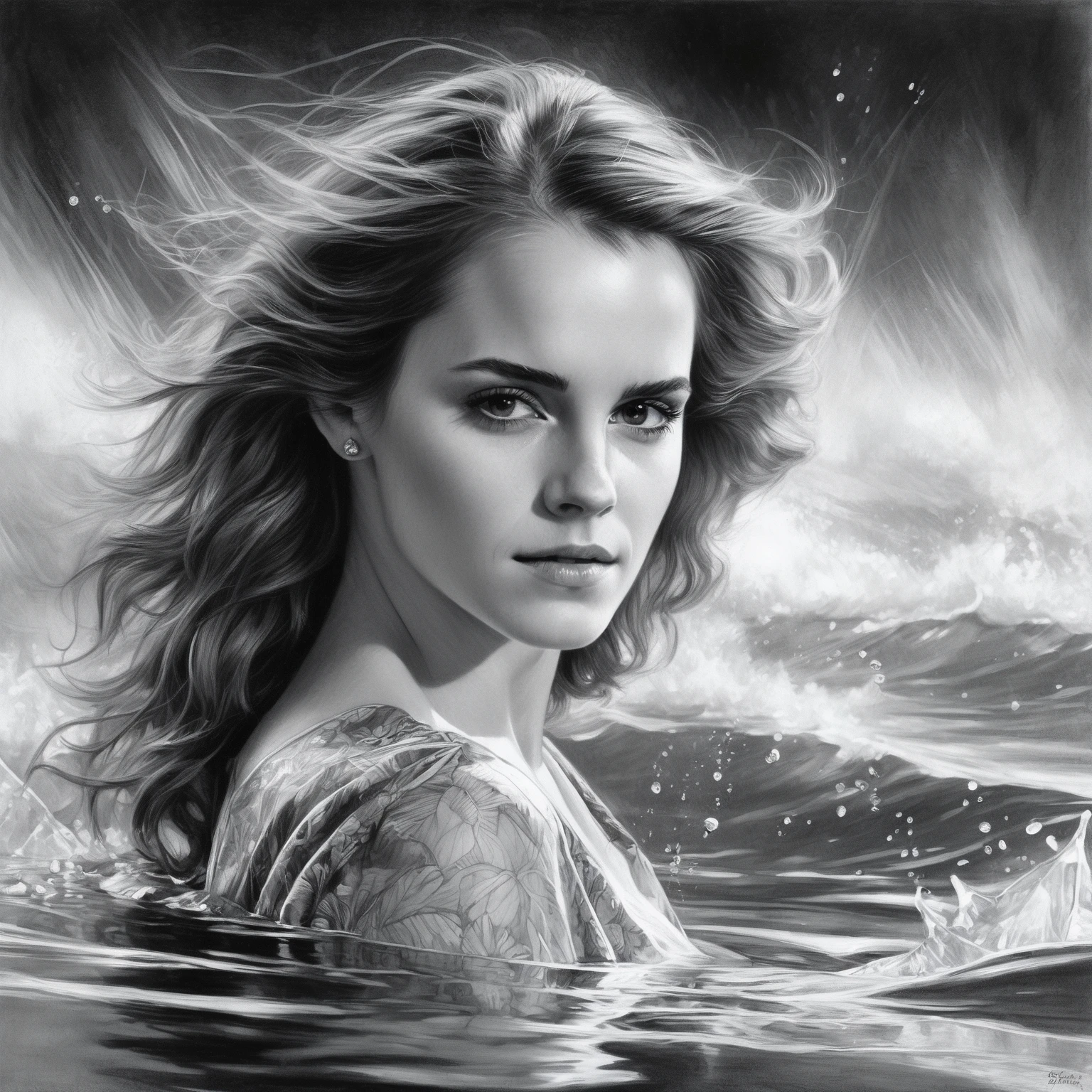Charcoal pencil sketch drawing Portrait of a beautiful ((((ohwx woman)))) , drenched body, emerging from the water, dark fantasy, regal, fractal crystal, fractal gemstones, by stanley artgerm lau, thomas kindkade, loish, norman rockwell <lora:watson_lora_v2_128:1.1> . rough, sleek, sketch, graphite, graphic, monochrome, 6B, 2H