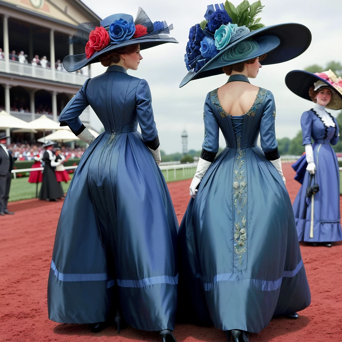 from behind, masterpiece, uhd, sharp color photo of a beautiful women wearing expensive dresses and hats, at the horse races <lora:1910_dress_v1:1> 1910_dr3ss