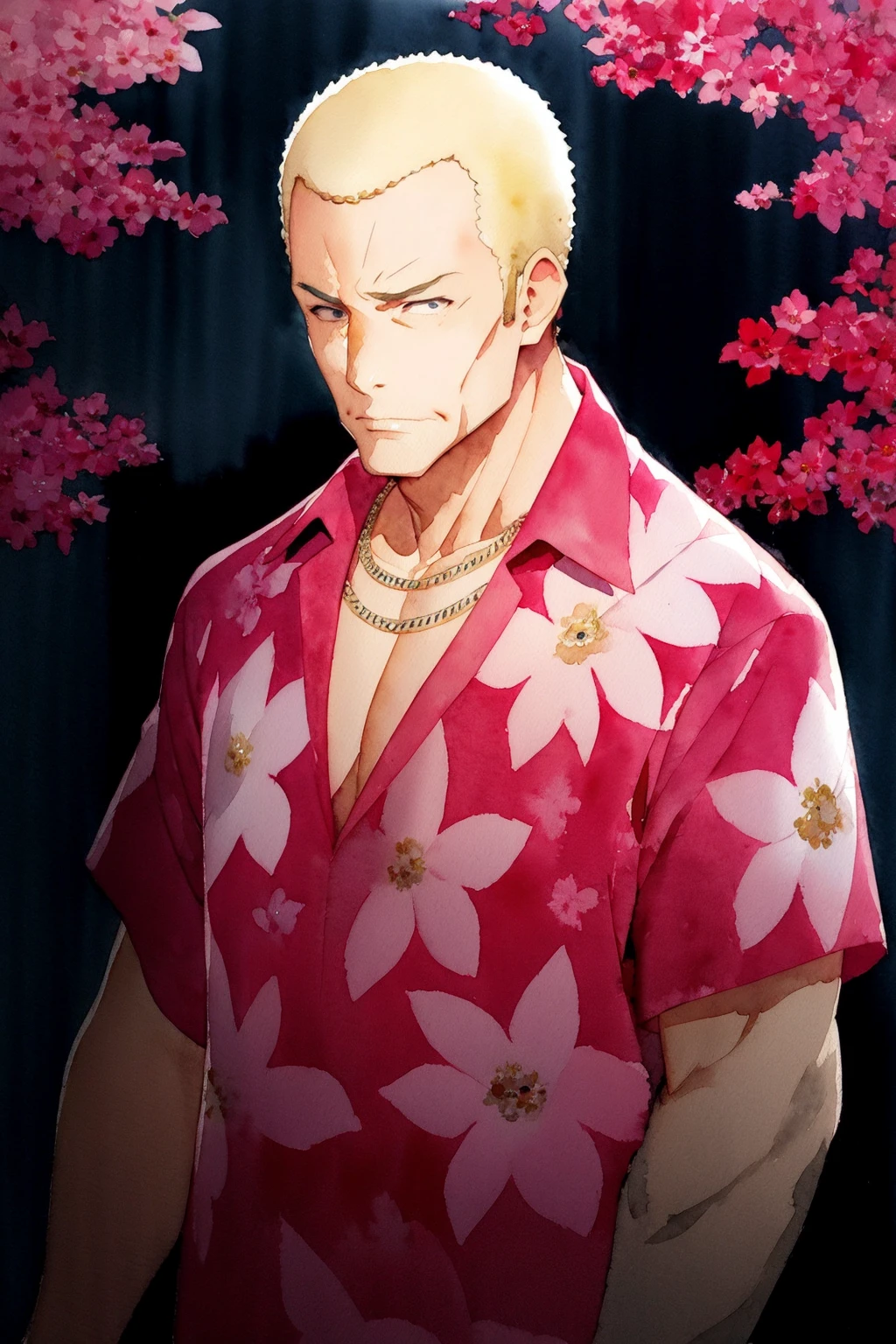 <lora:teppei_lora_lion_dim64_flat2d_repeats-2:0.8> solo, best quality, (watercolor:1.4), 1man, old man, (raised eyebrows:1.2), blonde hair, black eyes, muscular male, (ripple, dam:1.2) BREAK (wristwatch:0.6), red pink hawaiian shirt, short sleeves, necklace, cleft chin, white pants, highly detailed, masterpiece