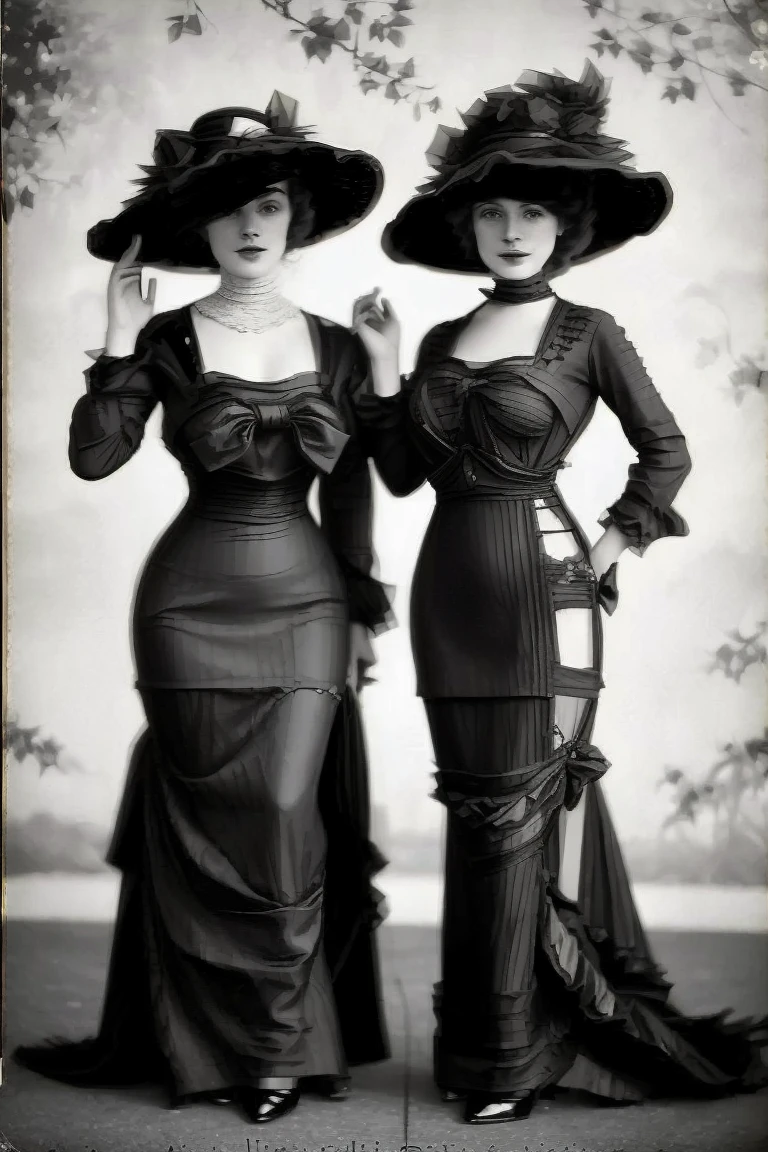 vintage photo of sexy ladies wearing black dresses and hats, posing <lora:1910_dress_v1:1> 1910_dr3ss