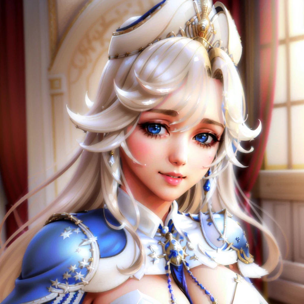 royal bedroom, (upper body, portrait:1.4), masterpiece, higres, best quality, blurry, Epona_(vindictus), long hair, looking at viewer, blue eyes, blonde hair, large breasts, thighhighs, gloves, dress, cleavage, cape, white dress, armor, high heels, white thighhighs, white footwear, shoulder armor, lips, capelet, white headwear, white skirt, warm smile, happy, looking at viewer, lower brightness,    <lora:Epona2_lora-05:1>