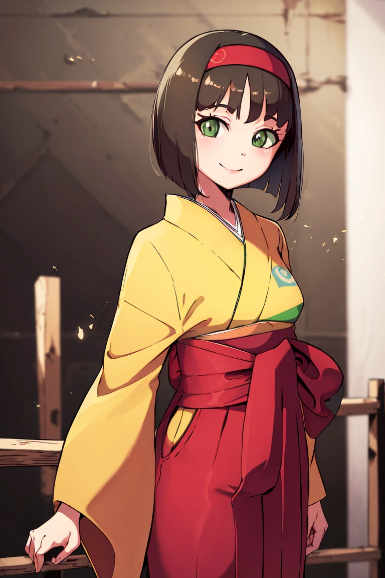 <lora:Diives_Style:0.8>,((masterpiece,best quality)), absurdres, <lora:Erika_Pokemon_Anime_Dim32:0.8>, Erika_Pokemon, green eyes, short black hair, kimono, hakama, red hairband, solo, smiling, looking at viewer, cowboy shot, cinematic composition,