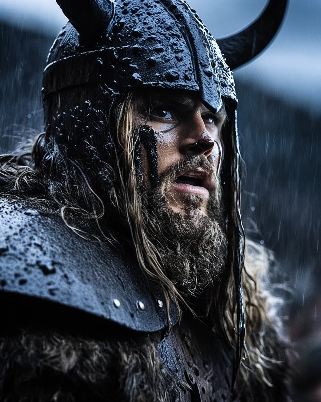 cinematic film still (Photo:1.3) of (Ultrarealistic:1.3) <lora:FF.101.juggernautXL_version6Rundiffusion.LORA:1.6> A close-up shot of a fierce Viking King, covered in dripping wet black mud, wearing a dark metal helmet with imposing black horns. His dark warpaint and scruffy black beard emphasize his angry expression, while a scar on his face tells a story of battles fought. The scene is bathed in cinematic lighting with dramatic volumetric rays, creating a moody and intense atmosphere. The Viking King grips his menacing Viking Axe,Highly Detailed . shallow depth of field, vignette, highly detailed, high budget, bokeh, cinemascope, moody, epic, gorgeous, film grain, grainy