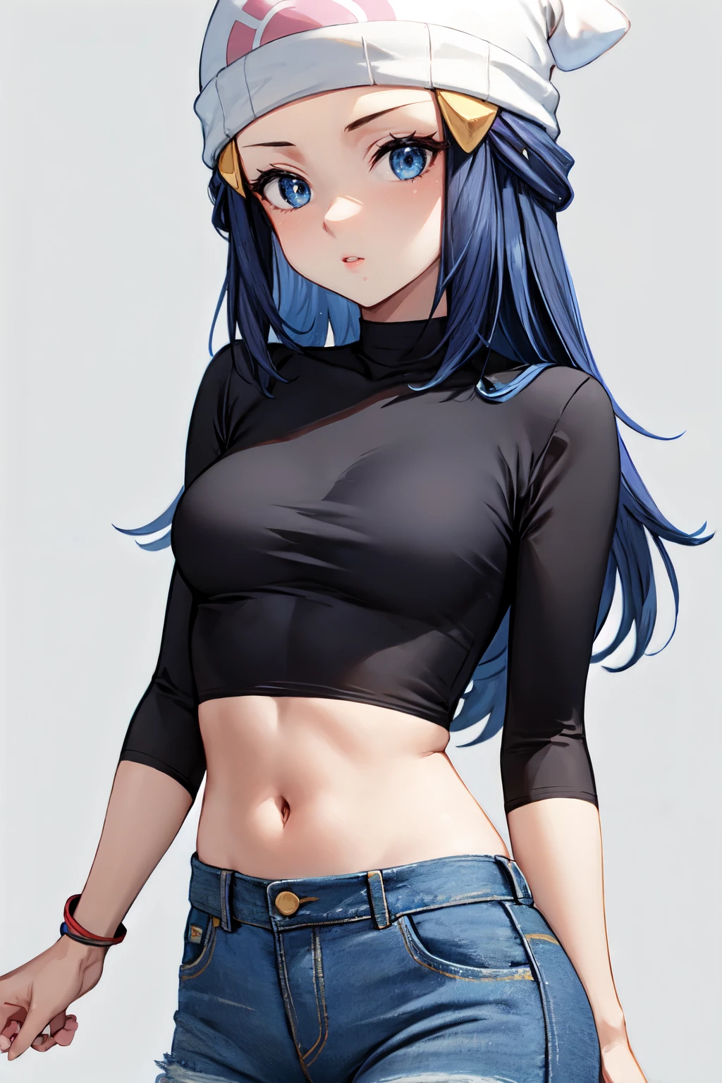 <lora:dawn_v2:1> dawn pokemon, long hair,  blue eyes, dark blue hair, beanie, hairpin, 1girl,solo,   parted lips, Wrap crop top, high-waisted jeans, mules