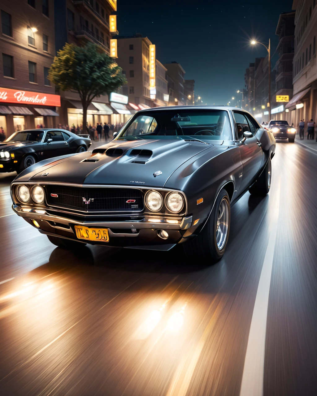 concept art <lora:FF.102.colossusProjectXLSFW_49bExperimental.LORA:1.2>, Muscle car, street race at night, motion blur . digital artwork, illustrative, painterly, matte painting, highly detailed