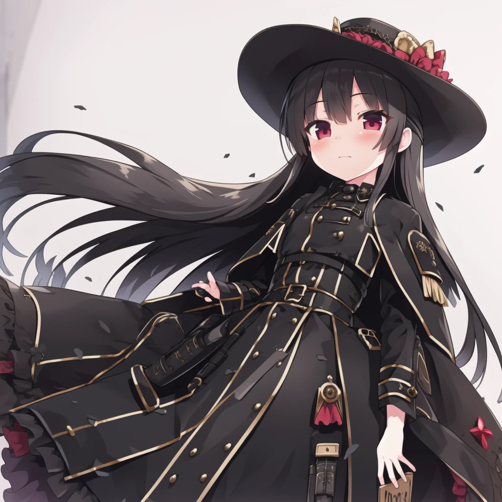 best_quality,masterpiece,1_girl, <lora:cura:0.8>, cowboy shot,hat, beautiful detailed black gothic Empire Waist Dress, coat, black gauze skirt, black hair, long hair