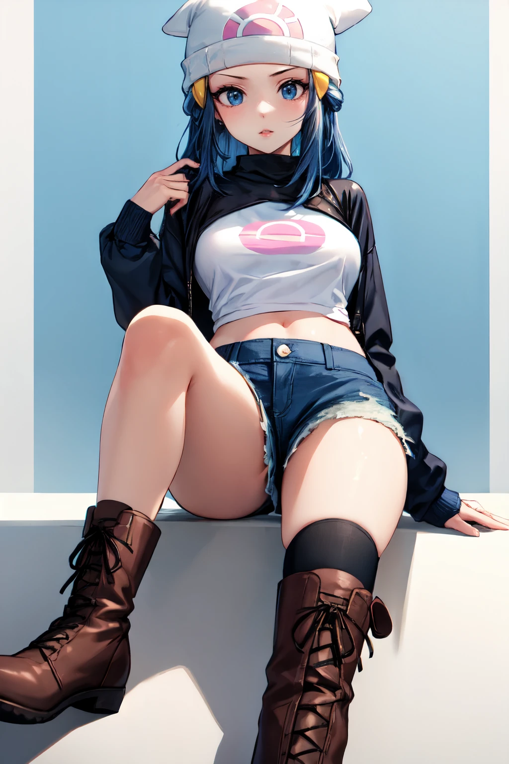 <lora:dawn_v2:1> dawn pokemon, long hair,  blue eyes, dark blue hair, beanie, hairpin, 1girl,solo,   parted lips, Leather shorts, oversized sweater, ankle boots