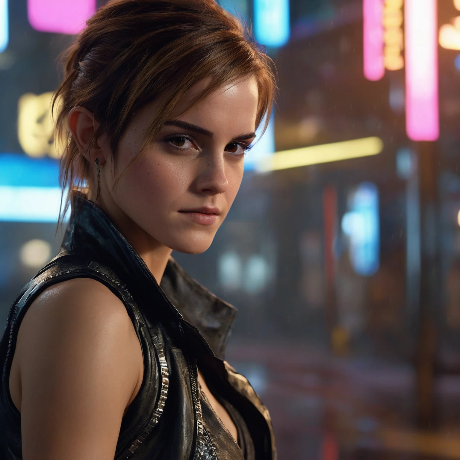 cinematic photo a girl ((ohwx woman)) by artgerm, photorealistic dramatic volumetric lighting ultra HD 8k high detail concept design 4K 3D unreal engine hyperrealism cyberpunk 2077 octane render in the style of blade runner and chrome 2 hardsurface scattering <lora:watson_lora_v2_128:1> . 35mm photograph, film, bokeh, professional, 4k, highly detailed