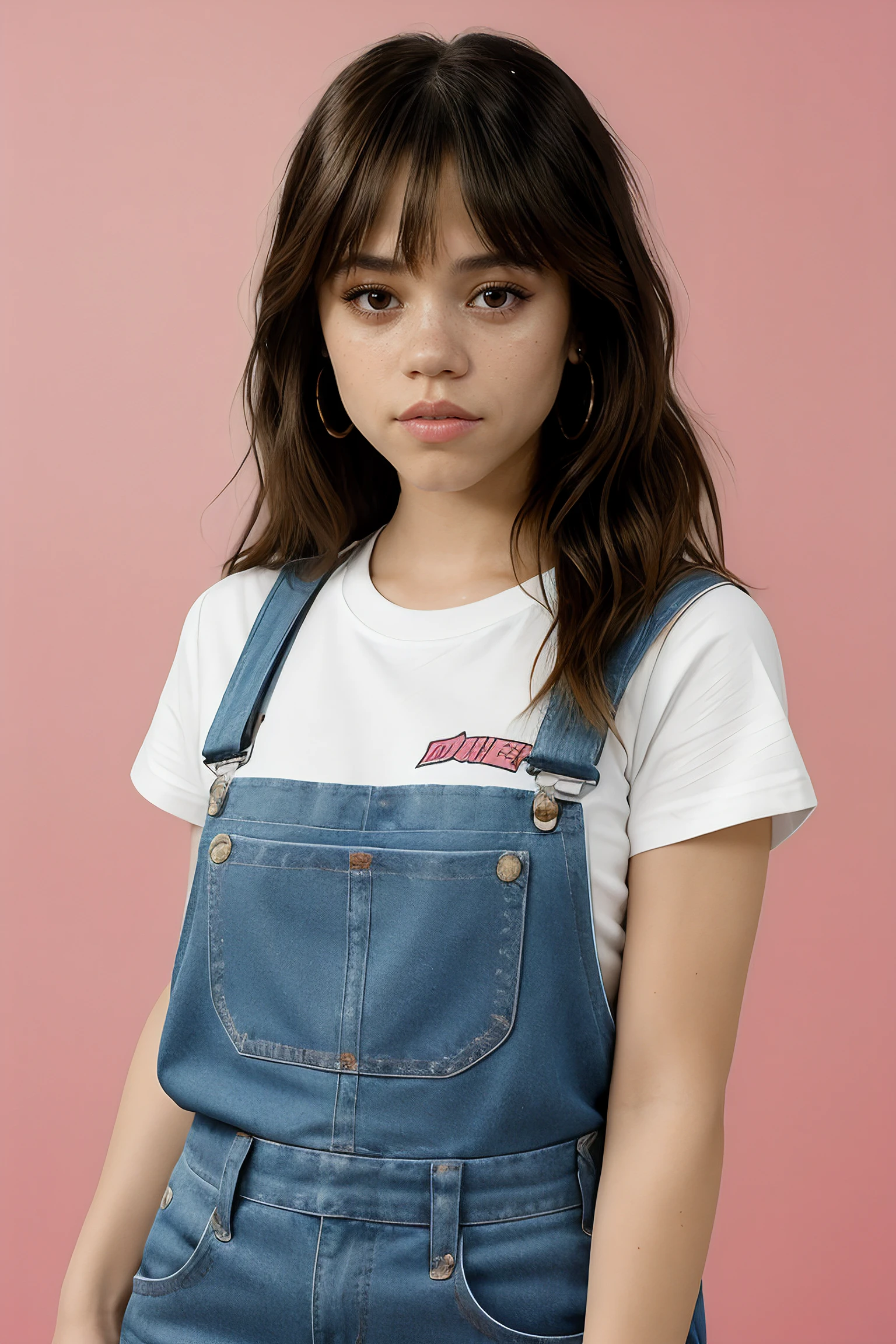 jenna ortega, long hair, bangs,
pink overalls, studs, t shirt, detailed skin, young,
headshot, simple solid background, closeup head-shot, realistic,
<lora:Jenna_Ortega_V1:0.7>, <lora:breastsizeslideroffset:-0.6>