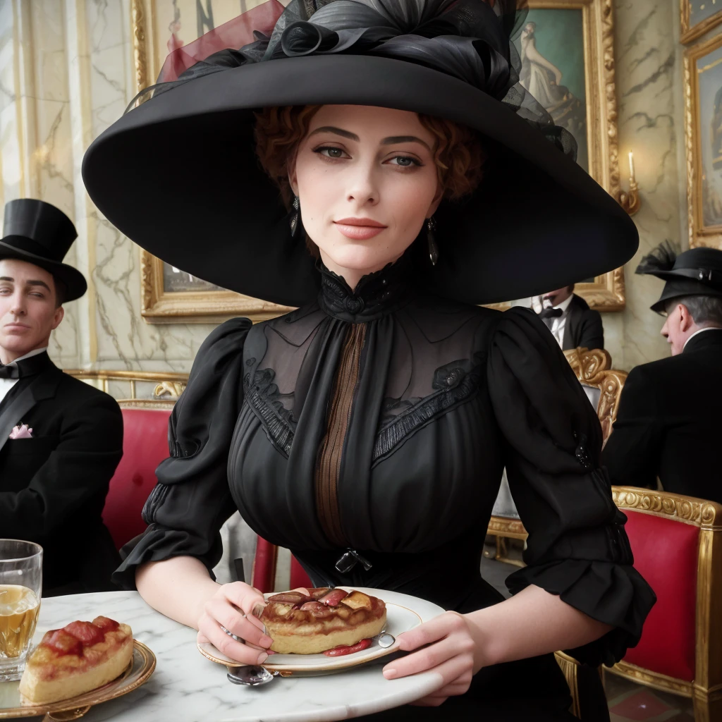 masterpiece, uhd, sharp color photo of a beautiful woman wearing a high-neck layered black dress, with a hat on, flirting with men at a Parisian cafe <lora:1905_dress_v1:1> 1905_dr3ss