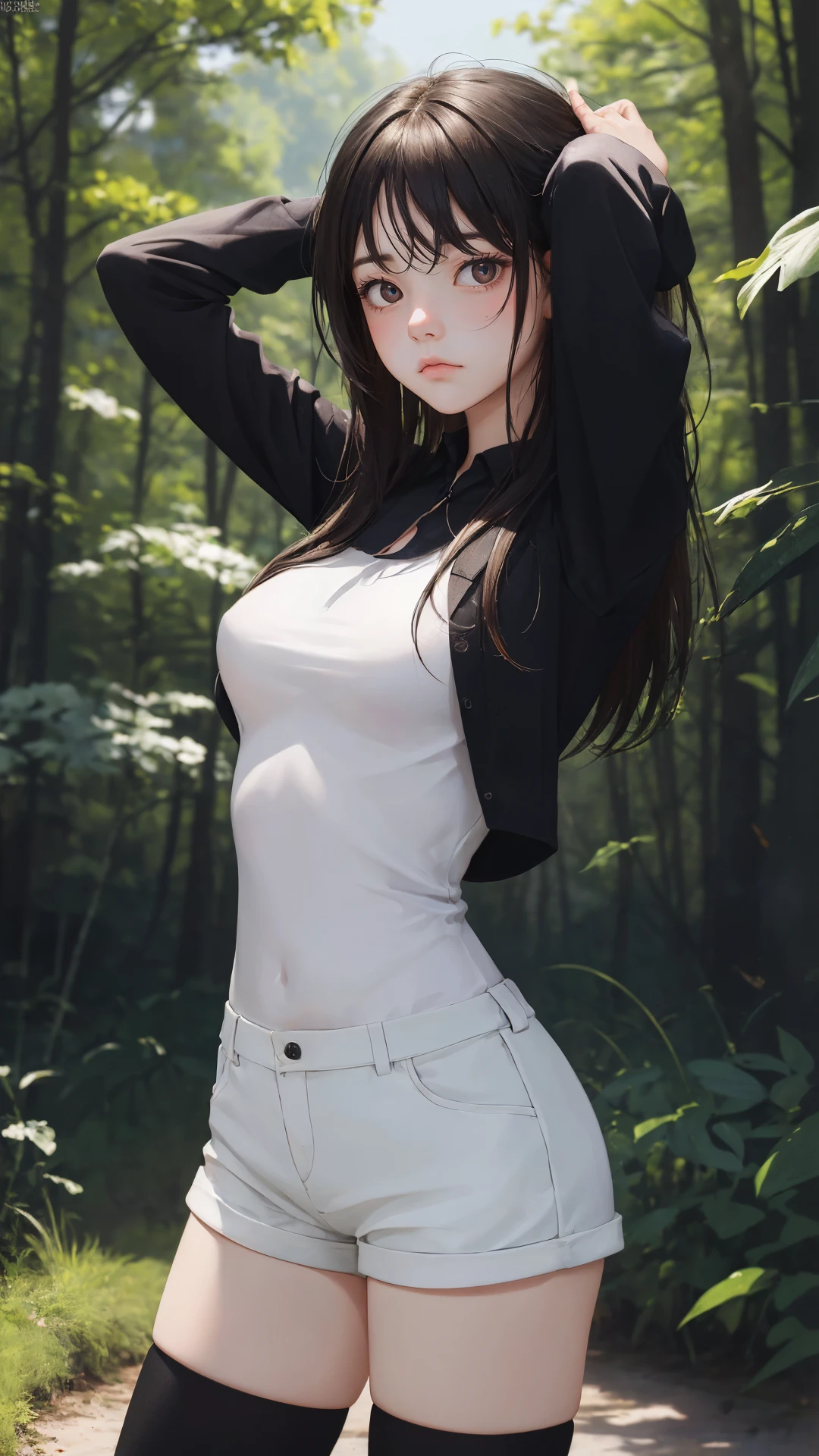 (masterpiece:1.2),(absurdres:1.2),(best quality:1.2),(looking at viewer),
shiny skin,
thighhighs, 
cowboy shot,
shorts, 
outdoors, day,
nature,
hand behind head,
(white|black theme), medium breasts, 
sad face,
(character on front),