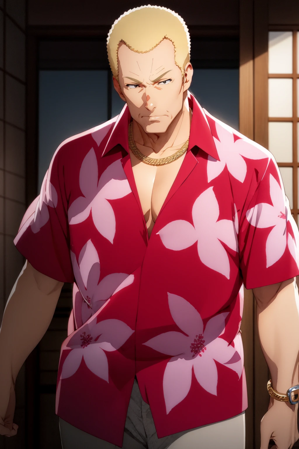 <lora:teppei_lora_lion_dim64_flat2d_repeats-2:0.8> solo, best quality, (watercolor:1.2), 1man, old man, (raised eyebrows:1.2), blonde hair, black eyes, muscular male, (ripple, dam:1.2) BREAK (wristwatch:0.6), red pink hawaiian shirt, short sleeves, necklace, cleft chin, white pants, highly detailed, masterpiece