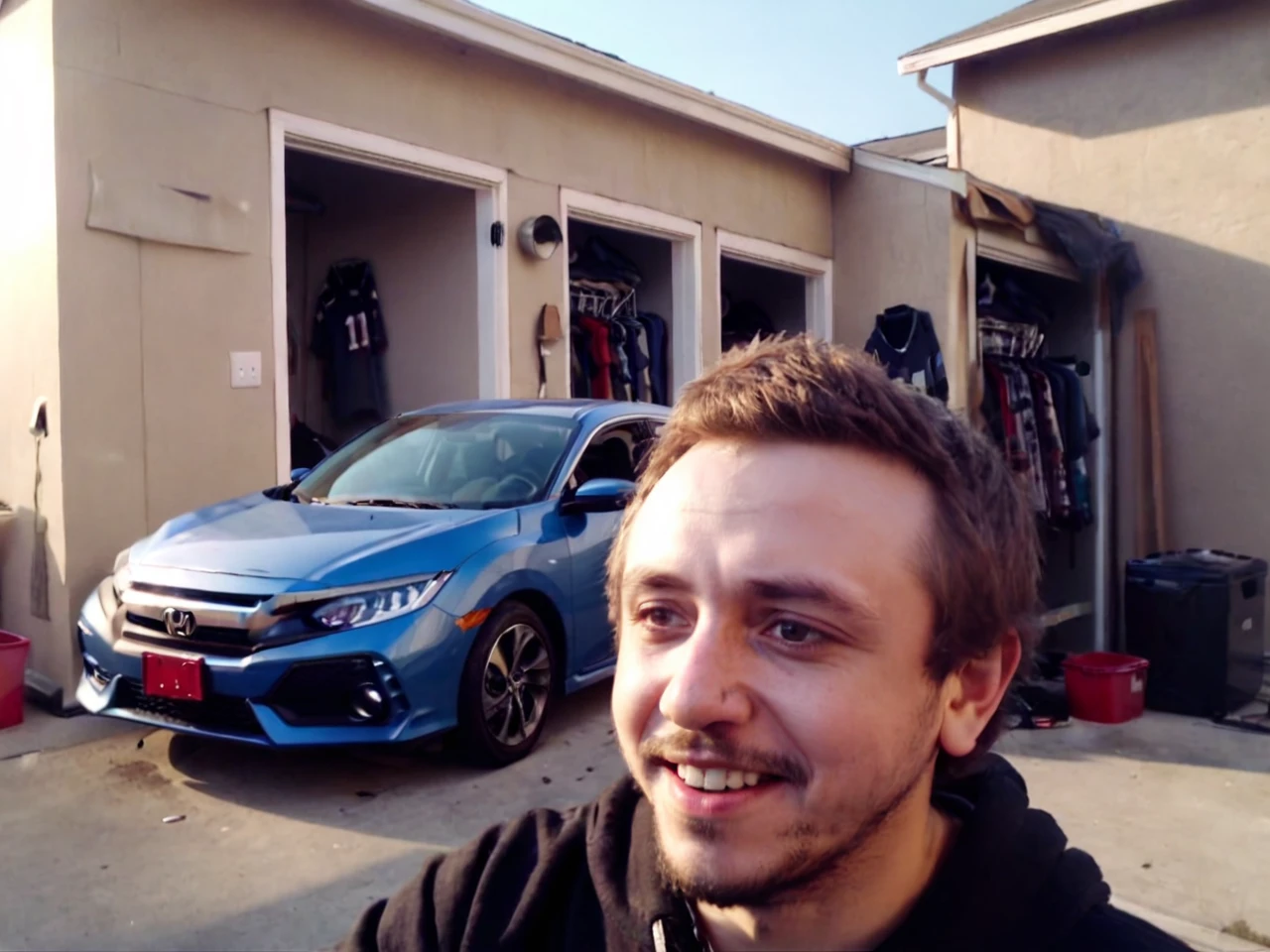 <lora:XL_bossmanjack_v5:0.9>, b0ssmanjack outside, in front of honda civic, (((air dropped honda civic in sky))), facial hair, smiling, realistic, solo, XL_ZIP_realism