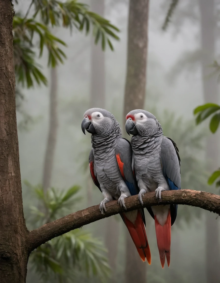 A high-resolution (8K:1.3) DSLR capture of (two African Grey parrots cuddling:1.4), intimacy amidst (rainforest whispers:1.1), nestled against the aged (mahogany:1.2) and (ebony trees:1.2), textured (treebark:1.1) in the embrace of (morning fog:1.3), Canon 100mm F2.8 lens articulating fine detail, dawn's soft light piercing the (tropical forest canopy:1.2), a serene tableau of natural affection,