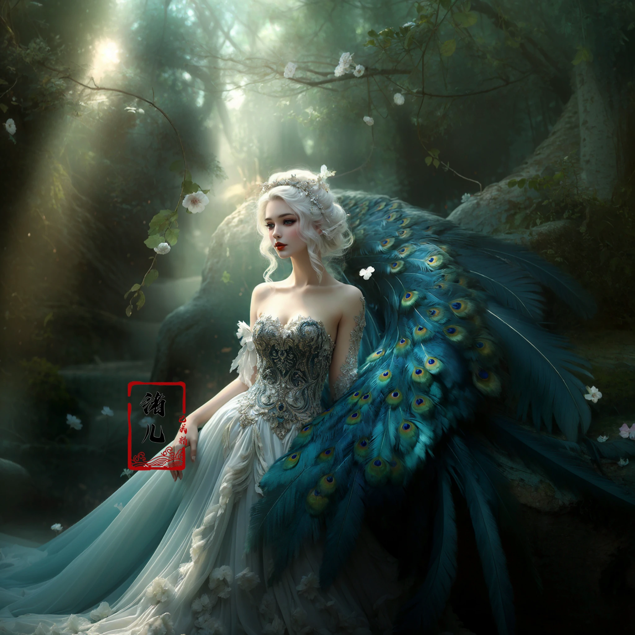 1girl, Milky skin, (shiny skin:1.3)white hairBlue eyespeacock dress,tree, nature, forest,dress, bare_tree, bare_shoulders
A mature face(cold attitude,eyeshadow,eyeliner:1.1),(red lips:1.5),watery eyes,
<lora:Peacock_20231101023332:0.8>