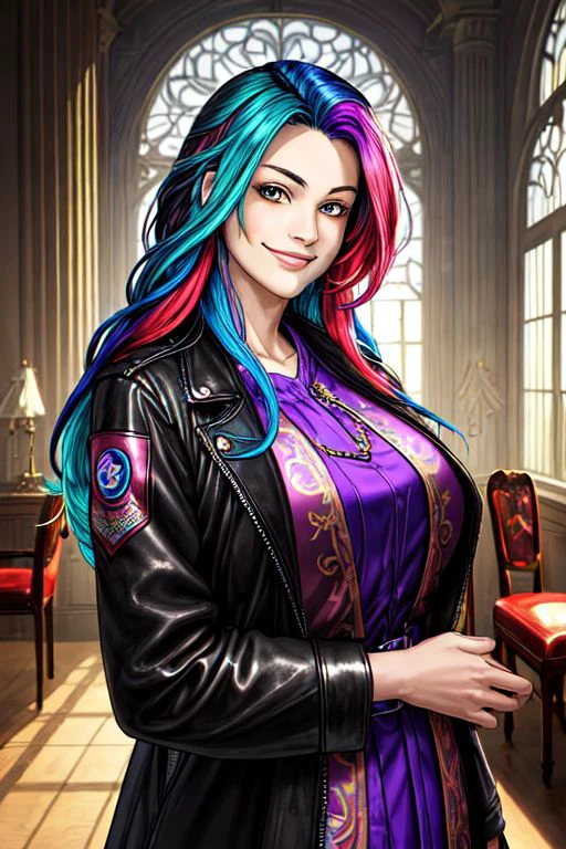 masterpiece, best quality, 1girl, upper body, long blue hair, huge breasts, leaning forward, ornate robe, smile, multicolored hair, rainbow hair, sexy smile, indoors, retro furnishings, semi realistic, smirk , solo , rim lighting , looking at viewer, covered chest, leather jacket